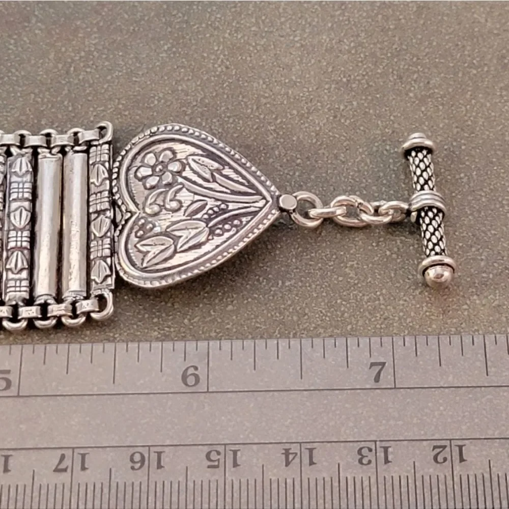 Artisan Sterling Rajasthani Wide Decorative Heart Flower Embossed Link Bracelet